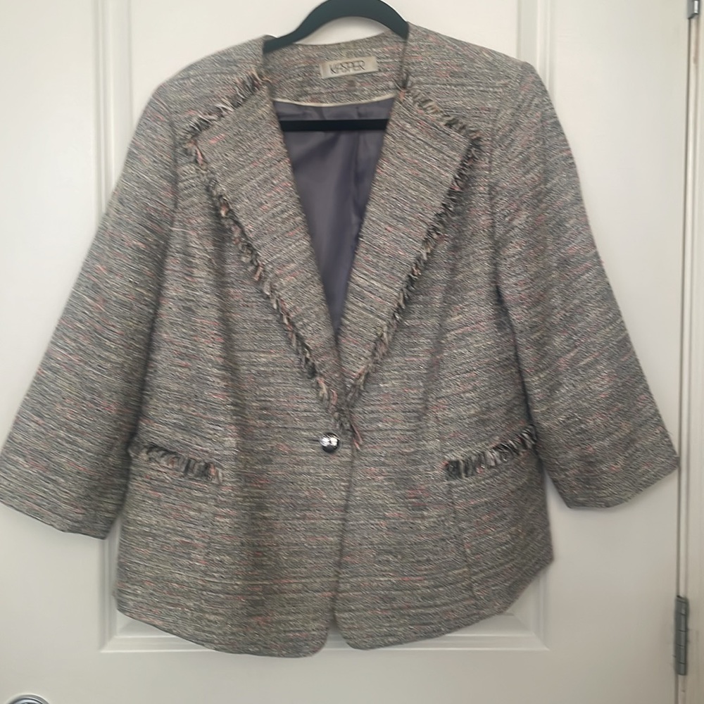 Kasper blazer. Grey with pink, yellow, silver weave detailing.